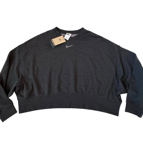Nike Women M Pullover Sweatshirt Swoosh Logo Crop Oversize DJ6937-010 Black Gray - Picture 1 of 7
